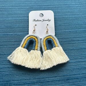 Rainbow Fringe Earrings in Blue, Yellow & Cream